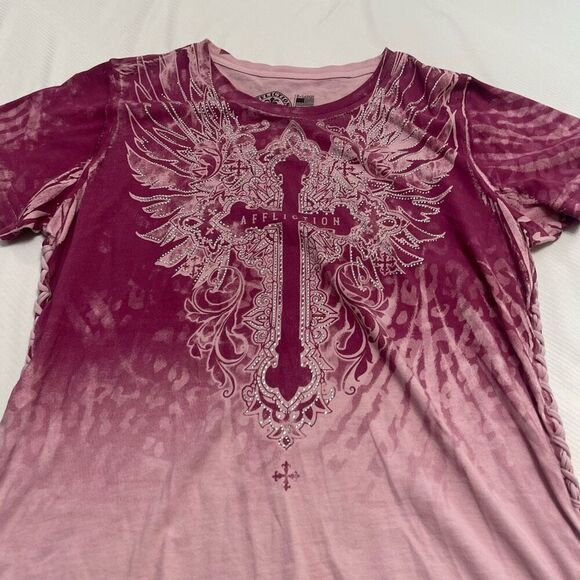 Affliction Sacred Wish Wings Crystal Rhinestone Distressed Pink T-Shirt Size XL - Picture 2 of 7